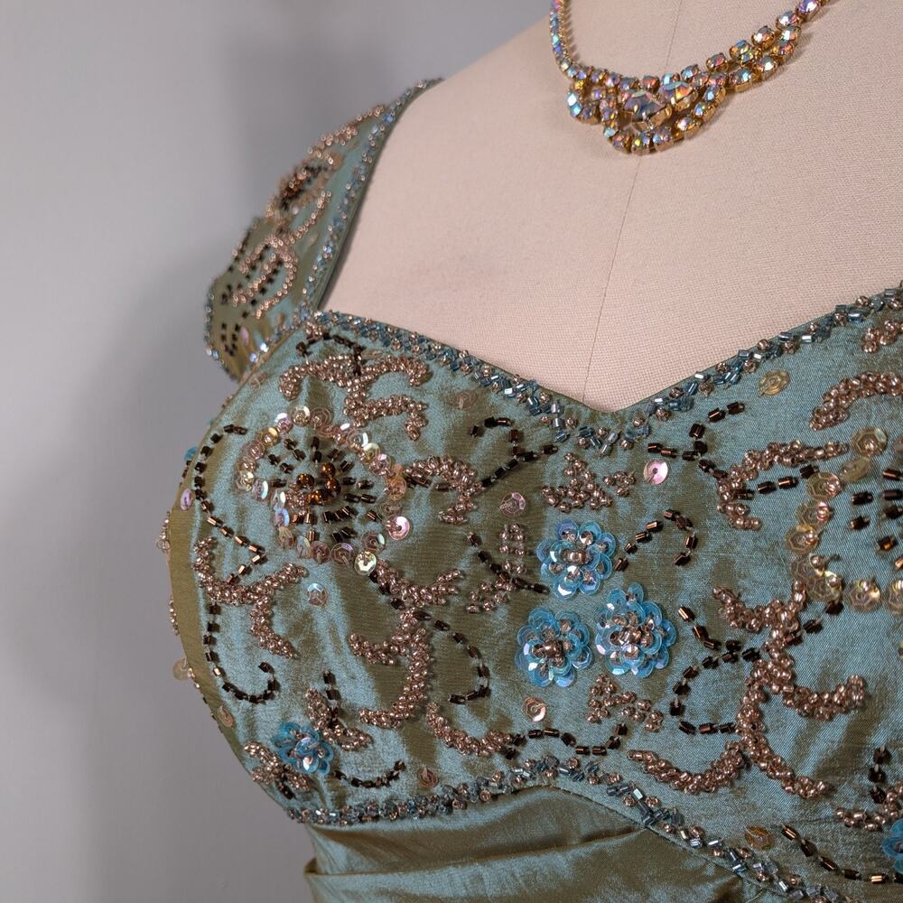 Vintage Prom Dress Maxi Gown 8 Green Mermaid Y2K Glam Princess Bead Empire Goth - Picture 4 of 15